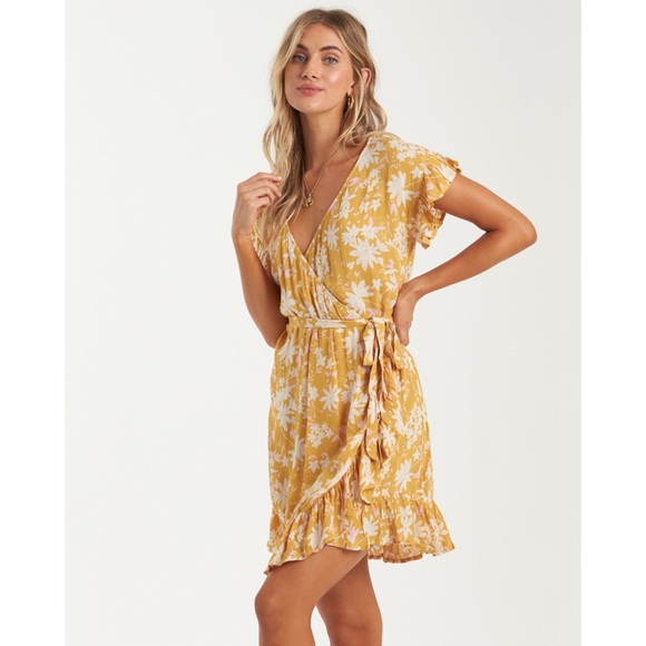Billabong Floral Wrap Dress in Bright Gold - Picture 8 of 13